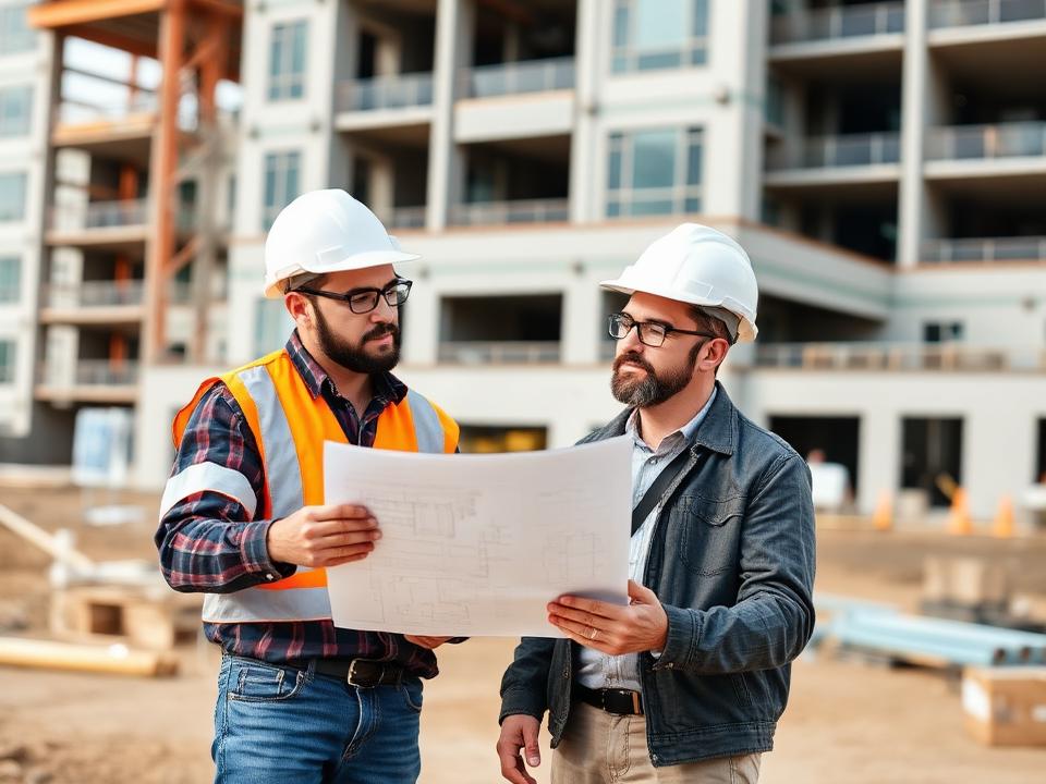 Two construction professionals reviewing project plans on an active job site