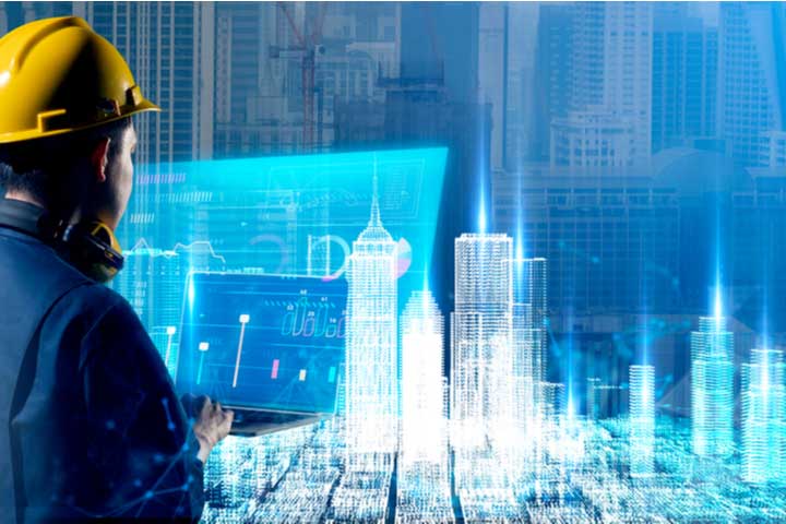 Defense project manager using AI-powered construction intelligence on a tablet