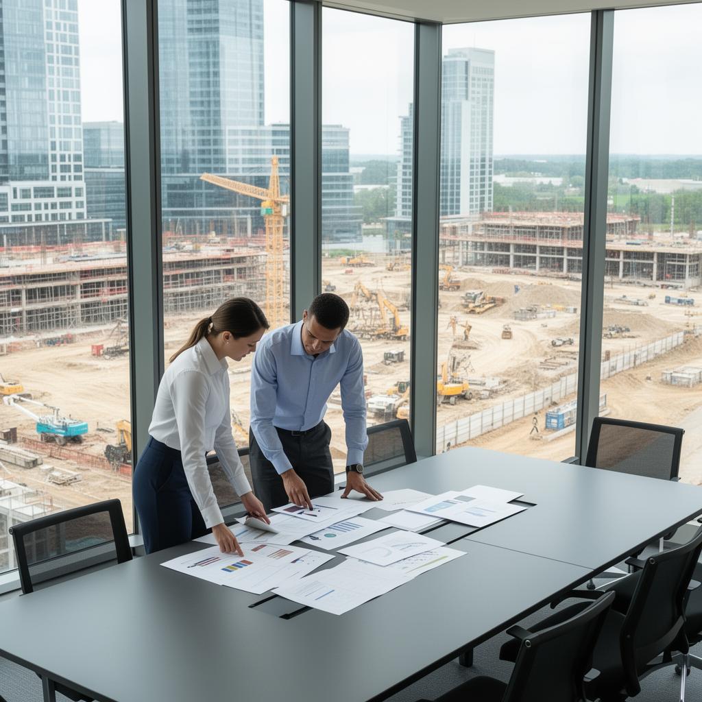 Two professionals in business casual reviewing project documents in a modern office overlooking an active construction site