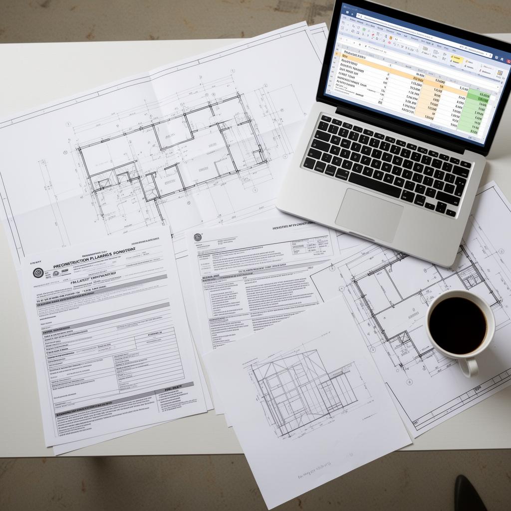 Preconstruction planning workspace with architectural blueprints, permit documents, and project budget spreadsheet