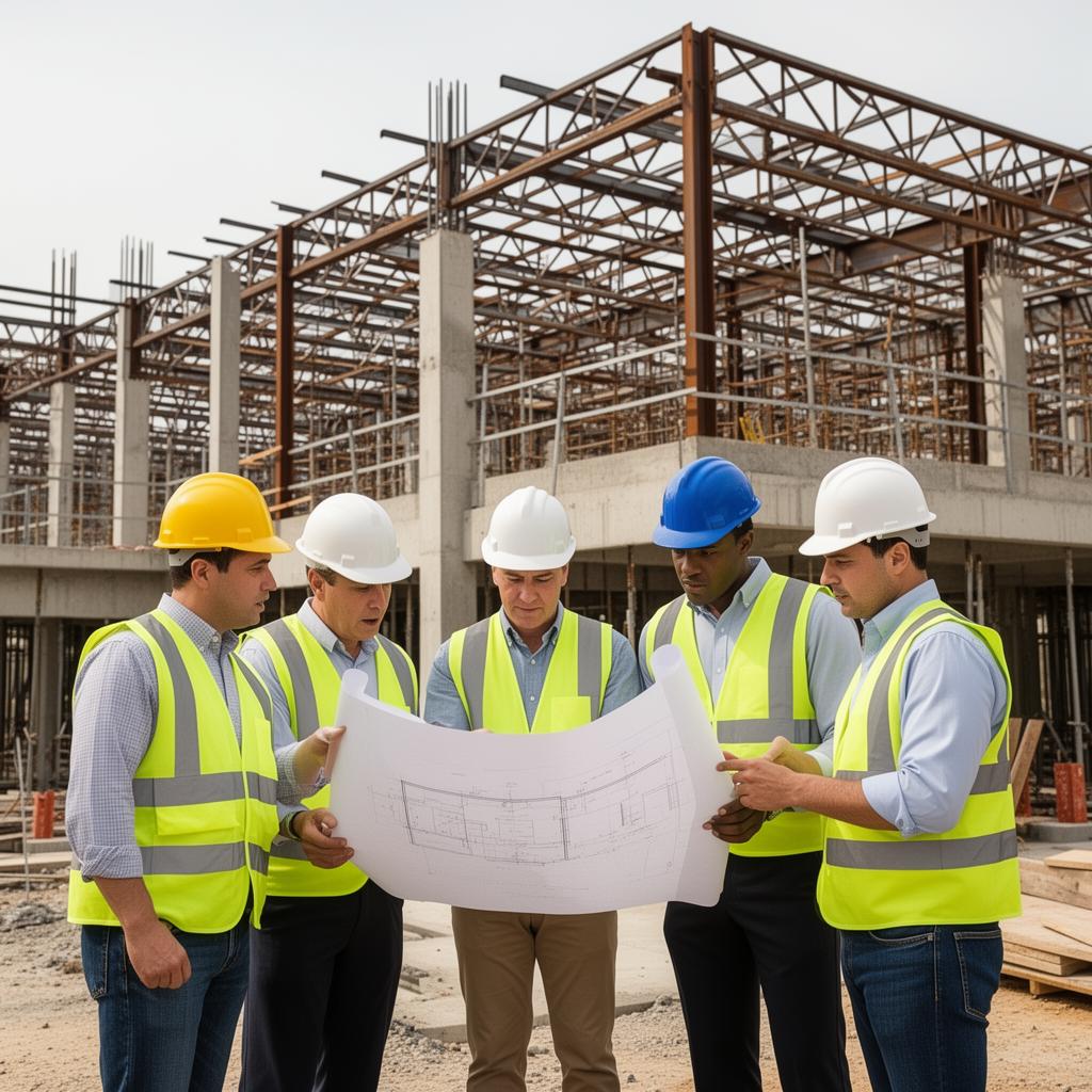 Project managers reviewing blueprints together at an active construction site