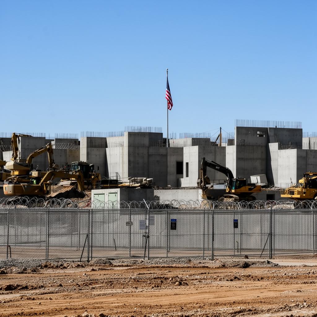 Military base construction and defense infrastructure project with secure perimeter and American flag