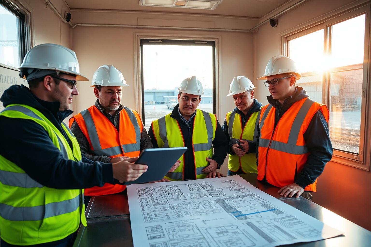 General contractor project team reviewing construction plans on a jobsite