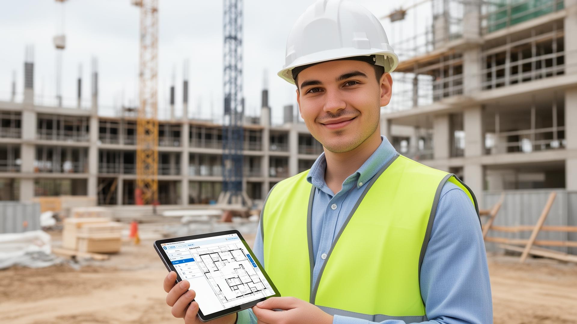 Construction professional with tablet on site
